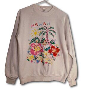 Vintage White Hawaii Women Sweatshirt by Ken Done Colorful Plumeria Size L
